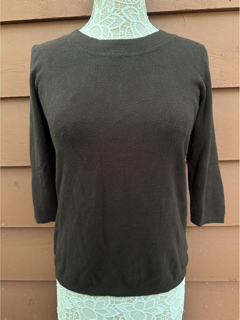 Dressbarn Classic Brown Crew‎ Neck Sweater Soft Knit 3/4 Sleeve Y2K